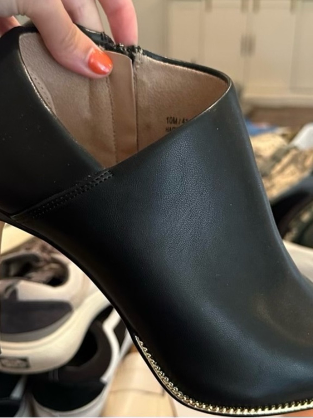 BCBGeneration Black Leather Ankle Booties with Gold Chain Trim